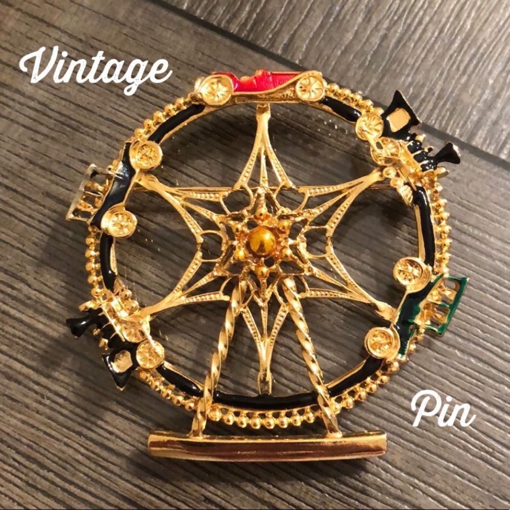 Vintage Goldtone Ferris Wheel Pin with Cars & Trains